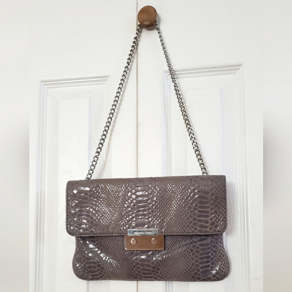 Michael Kors Sloan Angora Snake Emboss Leather Clutch Chain Strap Shoulder Bag